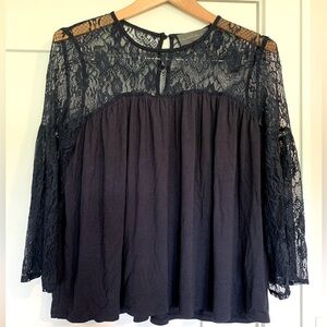 Anthropologie Sunday in Brooklyn navy blue blouse with lace bell sleeves